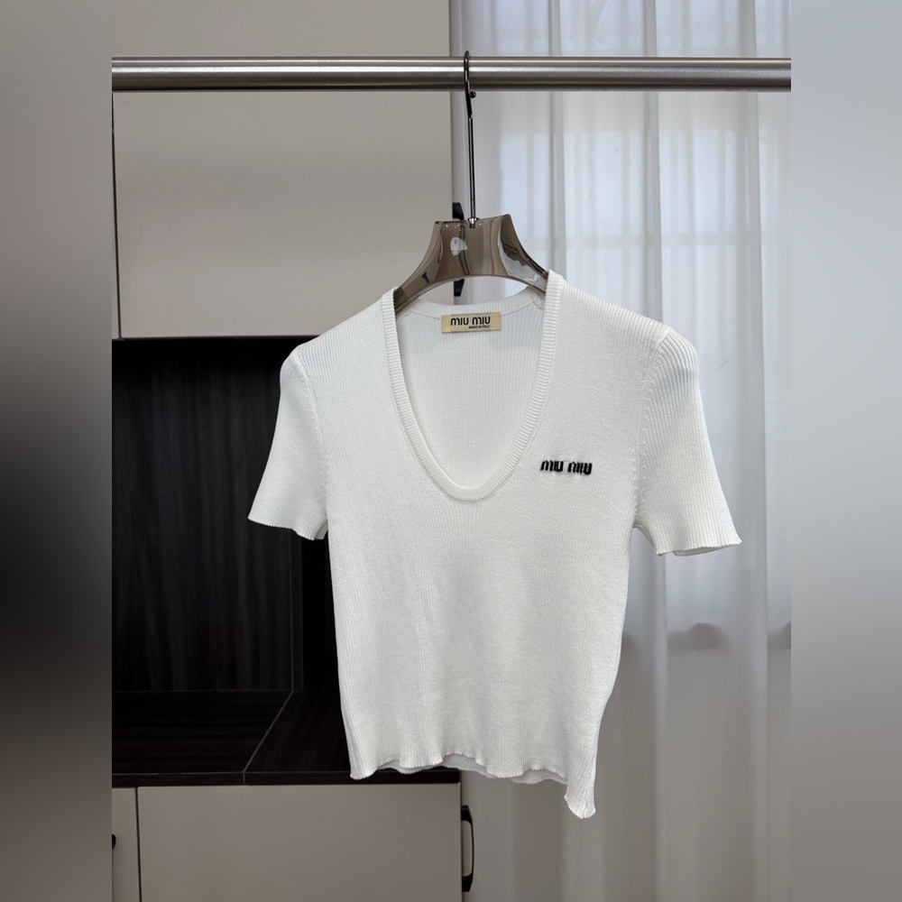 Miu Miu White Ribbed Scoop Neck Short Sleeve Tee